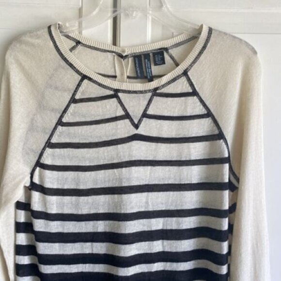 Cynthia Rowley Women’s Sz M Linen Blend Pullover Sweater Cream Black Stripe - Picture 1 of 9
